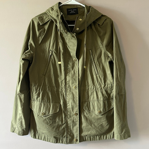 Women’s Love Tree Olive Green Hooded Utility Jacket Size M Cotton Military Parka - Picture 1 of 10